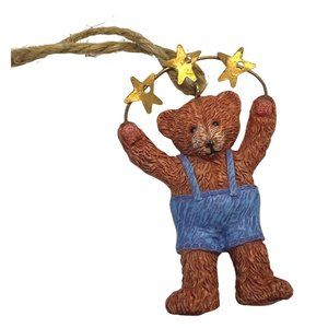 Cute Brown Bear in Blue Overalls Christmas Tree Ornament 2.25" Tall Star Ring